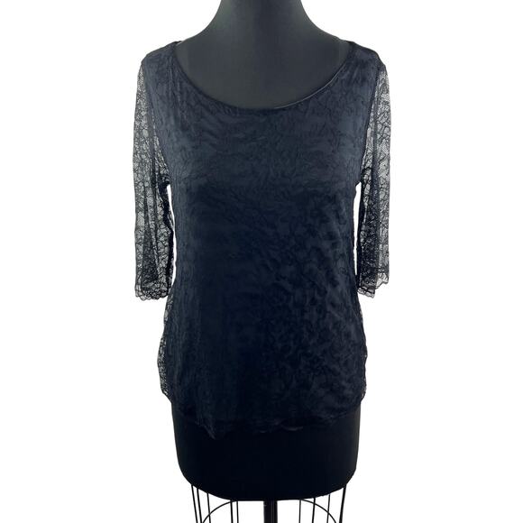 VELVET Black Lace Overlay Top Blouse 3/4 Round Neck Pullover Size M Medium - Picture 1 of 10